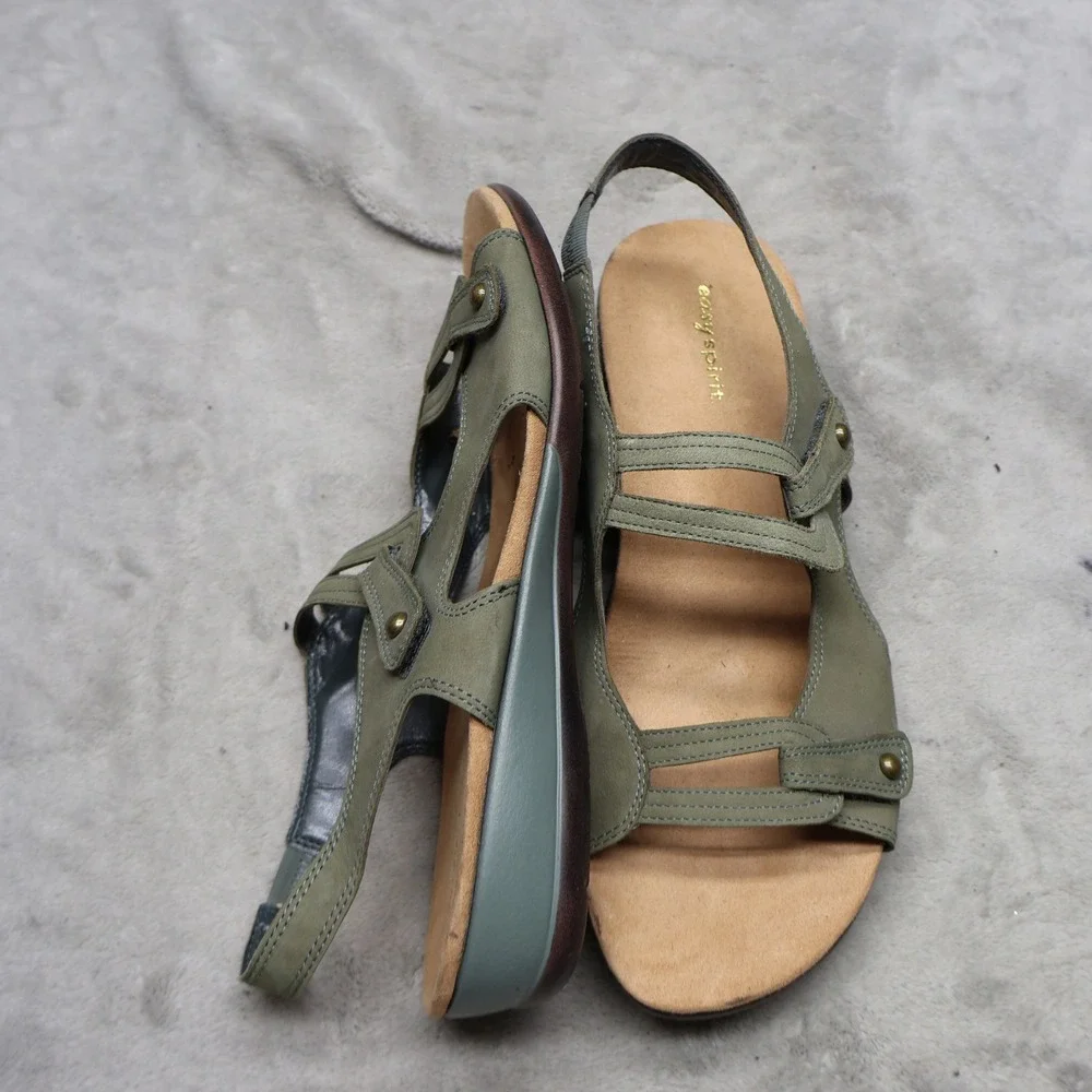 Easy Spirit Womens‎ 10W Sandals Green Eshalbrent Leather Strappy Slingback Wedge